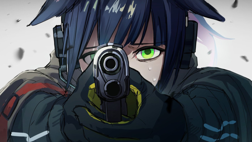 1girl, aiming, aiming_at_viewer, animal_ears, arknights, black_hair, black_jacket, close-up, commentary, finger_on_trigger, green_eyes, grey_background, gun, handgun, headset, highres, holding, holding_gun, holding_weapon, jacket, jessica_(arknights), kihatsuse, long_sleeves, nervous_sweating, scared, short_hair, sketch, solo, sweat, weapon