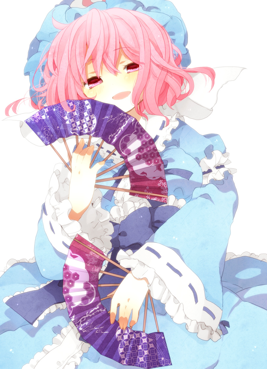 bad_id, blue_dress, dress, dual_wielding, fan, goshoguruma, hat, hexagon, highres, open_mouth, pink_eyes, pink_hair, s_t_s_(santoushin), saigyouji_yuyuko, saigyouji_yuyuko's_fan_design, santoushin, shippou_(pattern), short_hair, smile, solo, touhou, yuyuko's_fan_design