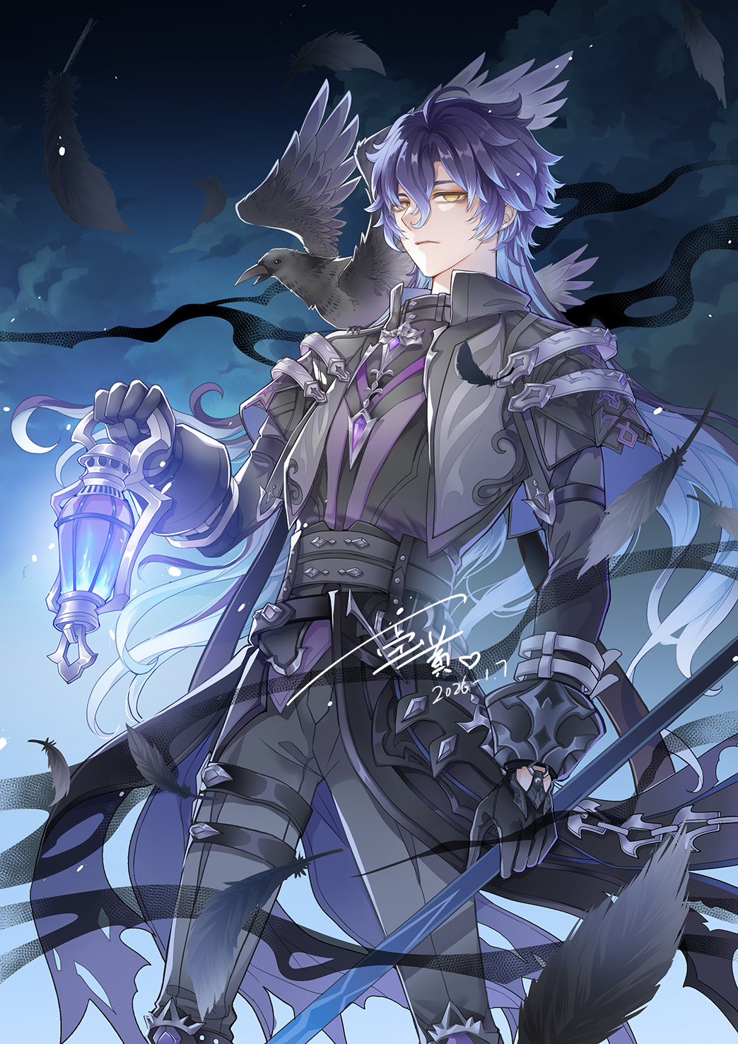 1boy, animal_on_shoulder, artist_name, bird, bird_on_shoulder, black_feathers, black_gloves, blue_hair, crow, danhuang_danjiang, feathers, flins_(genshin_impact), genshin_impact, gloves, hair_between_eyes, highres, holding, holding_lantern, jacket, jewelry, lantern, long_hair, long_sleeves, looking_at_viewer, male_focus, multicolored_hair, pants, purple_hair, shirt, solo, standing, weapon, yellow_eyes