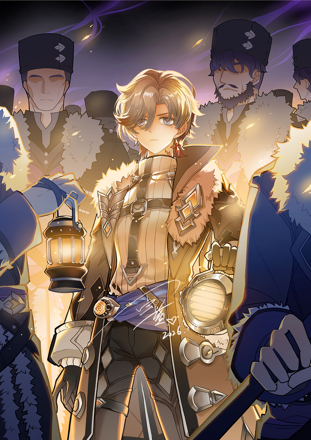 6+boys, beard, black_gloves, black_pants, blue_eyes, book, brown_hair, closed_eyes