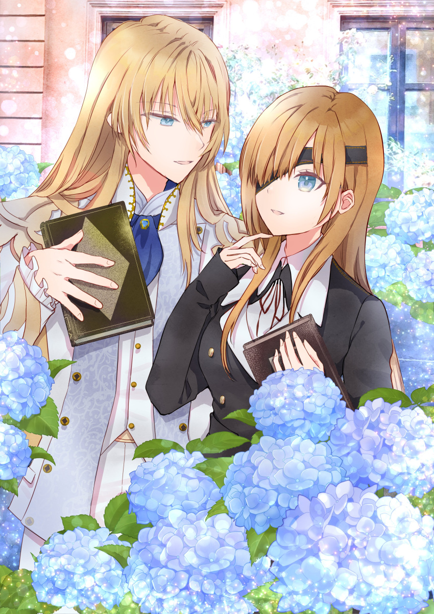 1boy, 1girl, absurdres, ascot, black_jacket, blonde_hair, blue_ascot, blue_eyes