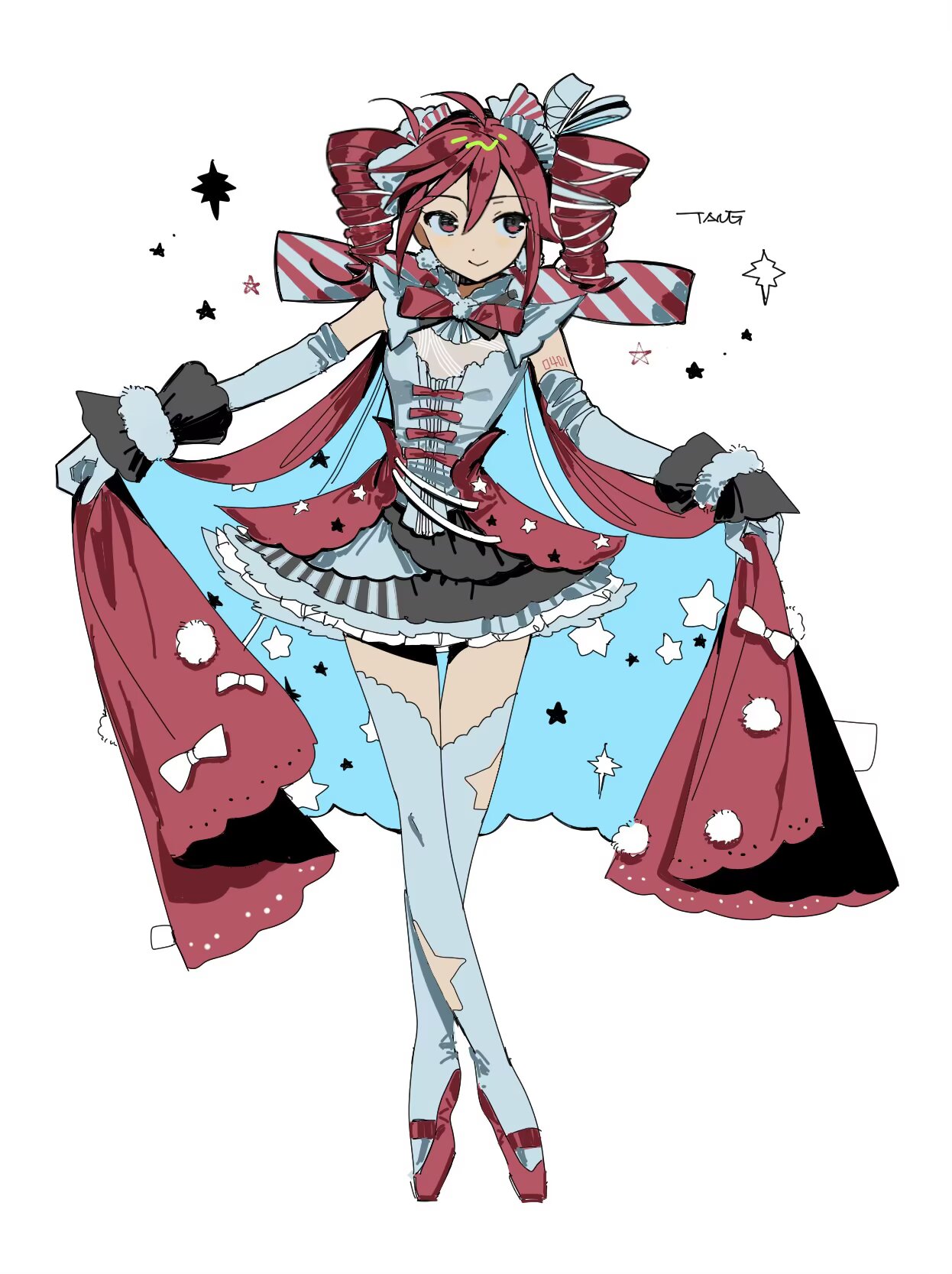 :>, ahoge, alternate_costume, aqua_cape, ballet_slippers, black_skirt, black_wrist_cuffs, blue_gloves