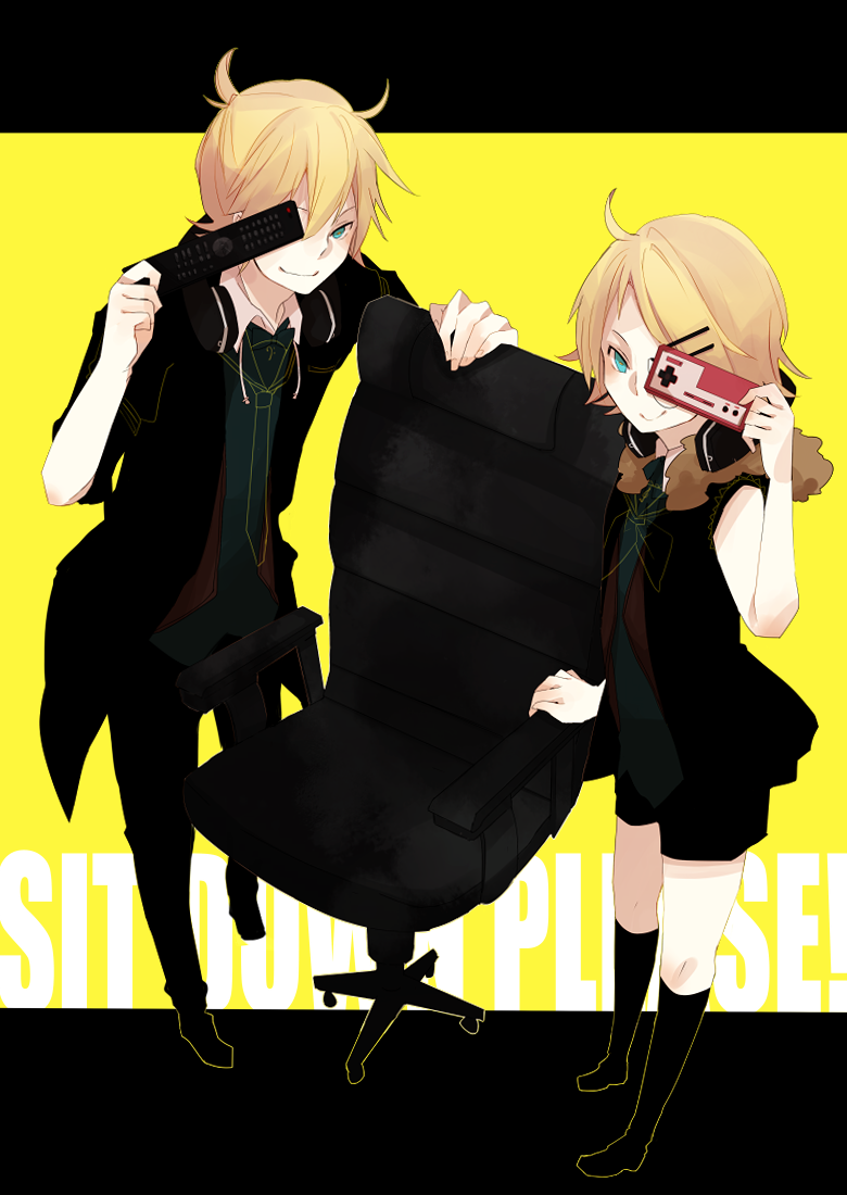1boy, 1girl, bad_id, blonde_hair, brother_and_sister, controller, famicom, fur_collar