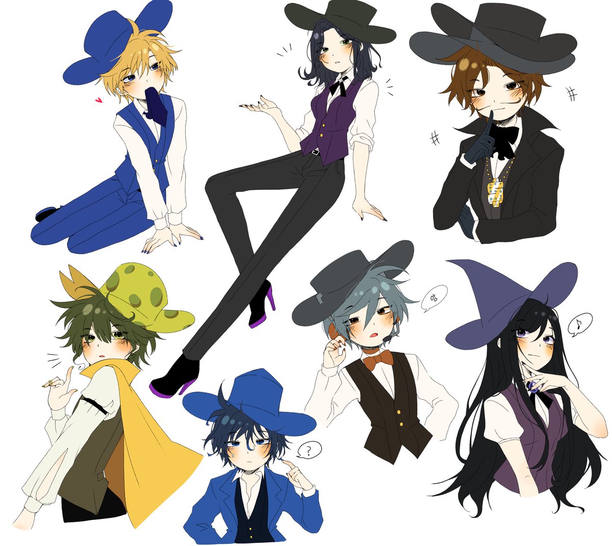 +++, 2girls, 5boys, :o, ?, animification, ankle_boots, arm_at_side