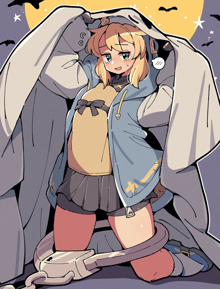 1boy, arms_up, bat_(animal), black_gloves, black_skirt, blonde_hair, blue_jacket, blush, bridget_(guilty_gear), commentary_request, double-parted_bangs, fingerless_gloves, flying_sweatdrops, full_body, gloves, green_eyes, guilty_gear, guilty_gear_strive, halloween, hood, hood_up, hooded_jacket, itsuka_neru, jacket, kneeling, long_sleeves, looking_at_viewer, male_focus, miniskirt, moon, night, open_clothes, open_jacket, open_mouth, outdoors, sheet_ghost, shirt, short_hair, single_handcuff, skirt, smile, solo, spoken_blush, trap, yellow_shirt