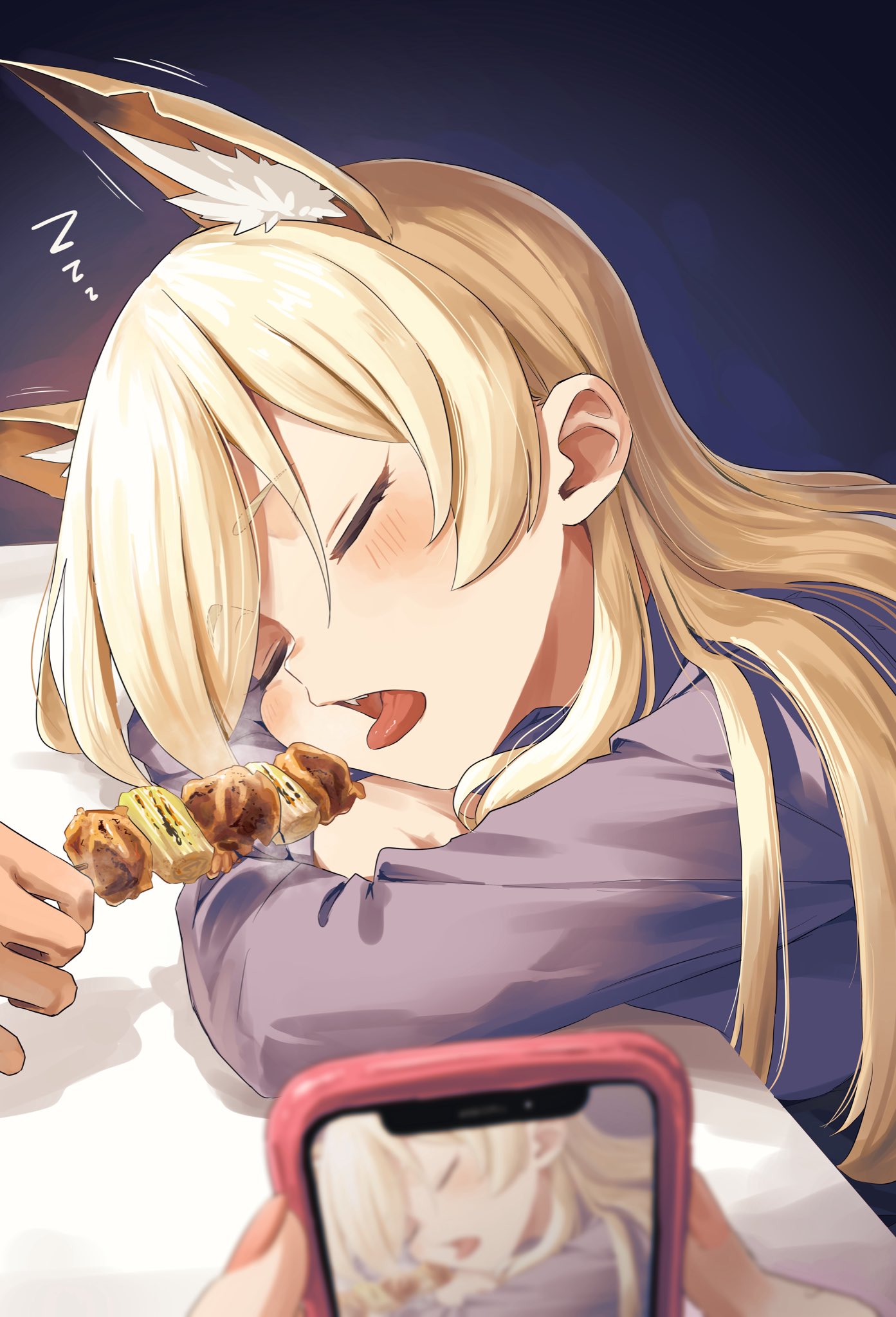 animal_ear_fluff, animal_ears, blonde_hair, blue_archive, blue_shirt, blush, cellphone, commentary_request, dog_ears, dog_girl, extra_ears, food, hair_over_one_eye, highres, kanna_(blue_archive), long_hair, long_sleeves, mocha_kichi, notched_ear, out_of_frame, phone, recording, sharp_teeth, shirt, shish_kebab, sleeping, sleeping_on_desk, smartphone, solo_focus, spoken_zzz, swept_bangs, teeth, tongue, tongue_out, zzz