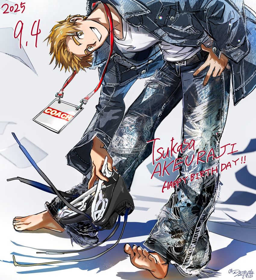 1boy, akeuraji_tsukasa, barefoot, blonde_hair, commentary_request, denim, denim_jacket, full_body