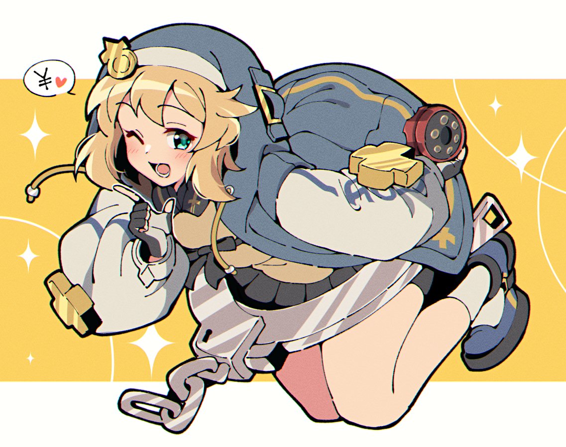 1girl, androgyne_symbol, blonde_hair, blue_jacket, blue_shoes, bridget_(guilty_gear), choppy_bangs, commentary_request