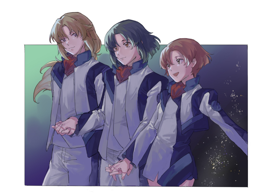 1girl, 2boys, alvis_uniform, ascot, black_hair, brown_hair, commentary_request, dress