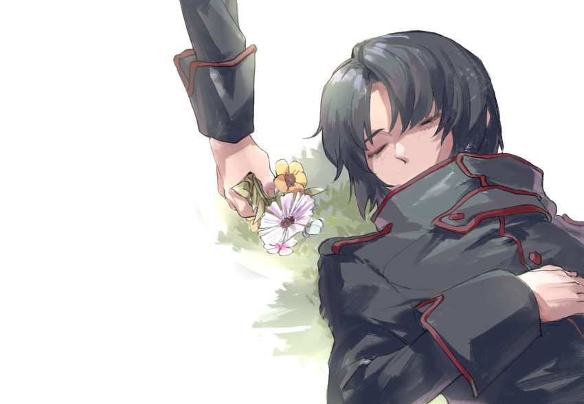 2boys, black_coat, black_hair, chinese_text, closed_eyes, coat, commentary_request, flower