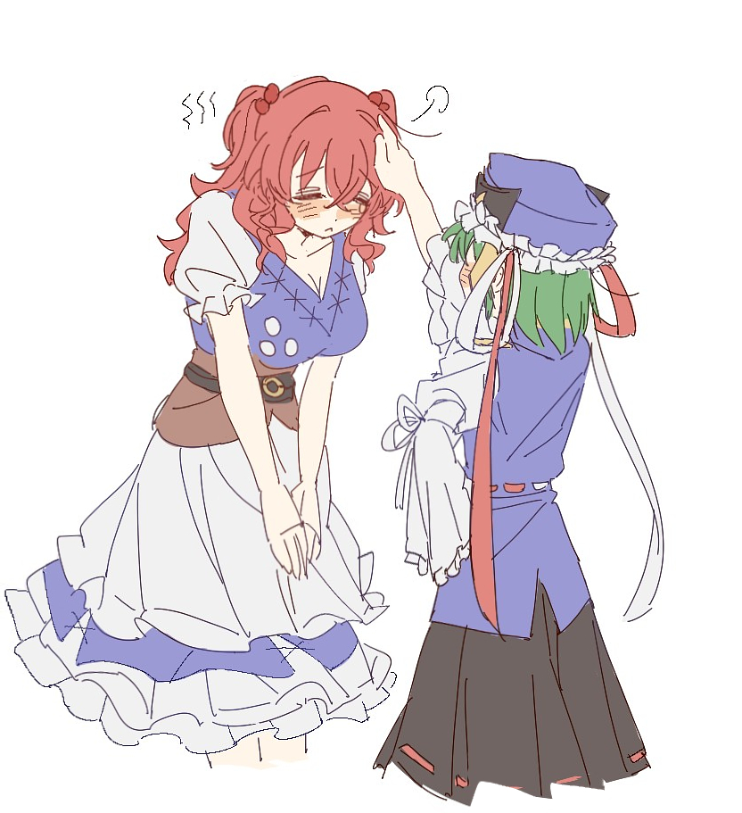 2girls, an9_(jwns5327), black_skirt, blue_dress, blue_hat, blush, closed_eyes, commentary_request, dress, green_hair, hair_bobbles, hair_ornament, hat, headpat, medium_hair, multiple_girls, onozuka_komachi, puff_of_air, red_hair, ribbon-trimmed_skirt, ribbon_trim, sash, shiki_eiki, simple_background, skirt, touhou, two_side_up, white_background