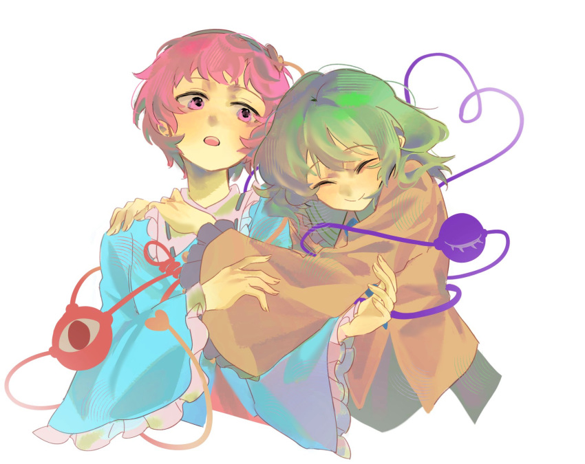 2girls, an9_(jwns5327), blue_shirt, closed_eyes, closed_mouth, commentary, green_hair, heart