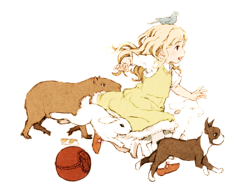 animal, armadilla, armadillo, bird, blonde_hair, bunny, capybara, child