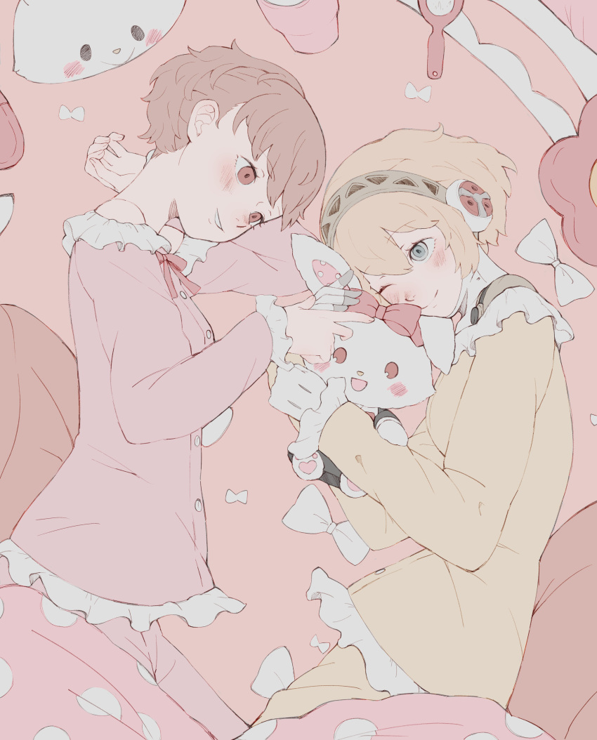2girls, absurdres, aigis_(persona), android, animal_hug, blonde_hair, blush, bow