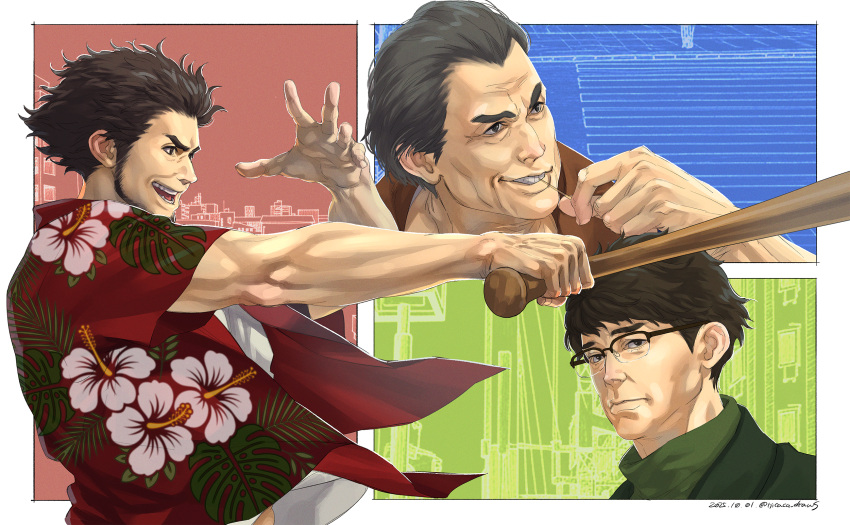 3boys, adachi_koichi, ascot, baseball_bat, brown_hair, commentary_request, facial_hair, floral_print