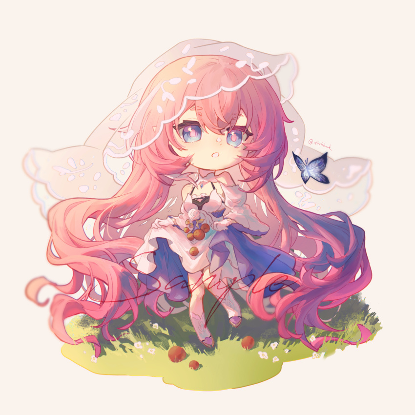 1girl, :o, alternate_costume, anlimil, bare_shoulders, blue_butterfly, blue_eyes, bug