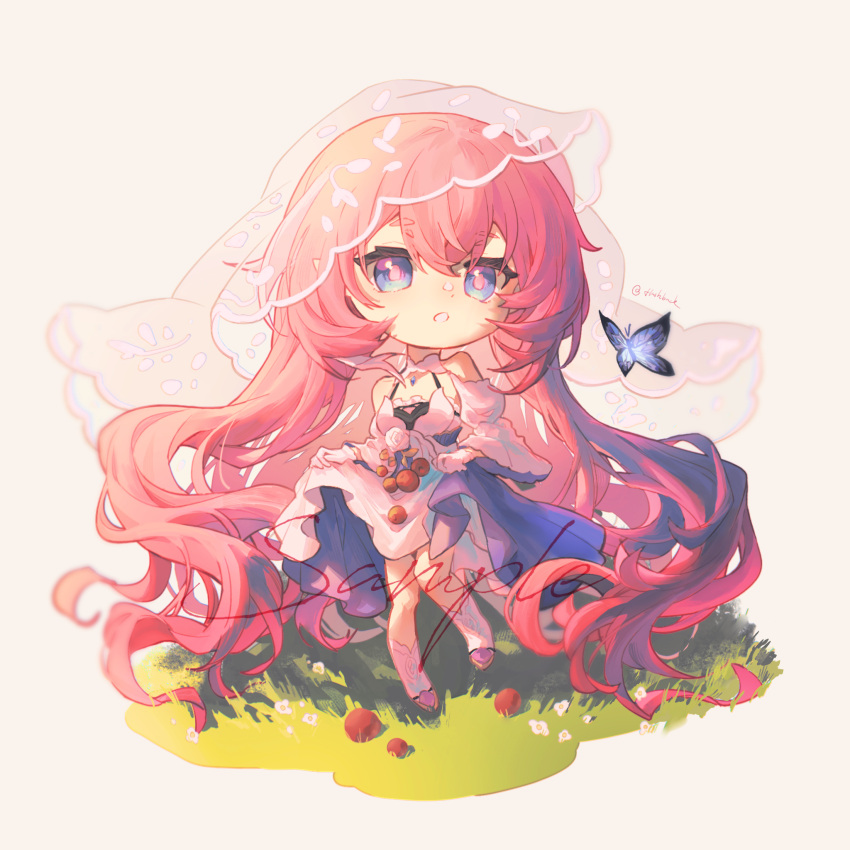1girl, :o, alternate_costume, anlimil, bare_shoulders, blue_butterfly, blue_eyes, bug