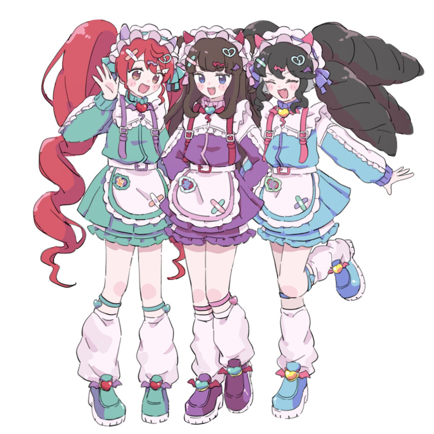 3girls, :d, apron, backpack, bag, black_hair, blue_eyes, blue_jacket