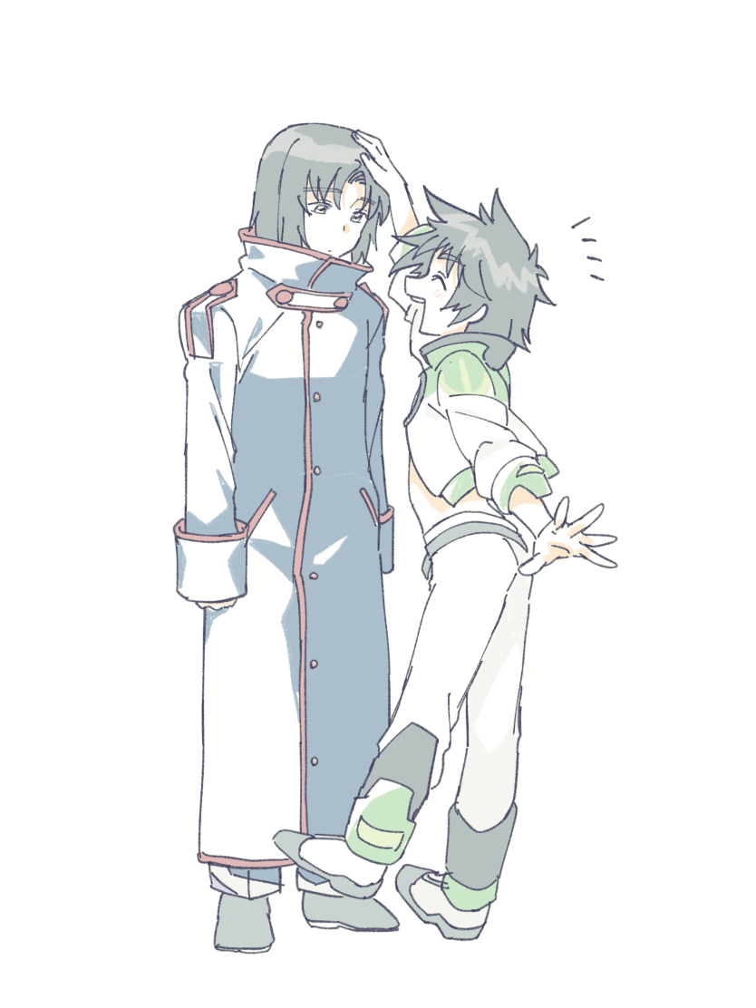 2boys, age_(heroic_age), black_coat, black_hair, closed_eyes, coat, commentary_request, crossover, expressionless, full_body, headpat, heroic_age, jacket, looking_at_another, makabe_kazuki, male_focus, multiple_boys, nagi_(exsit00), pants, short_hair, sleeve_cuffs, smile, soukyuu_no_fafner, white_background, white_pants