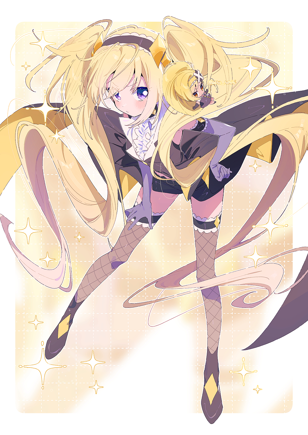 2girls, bare_shoulders, black_dress, black_hairband, black_shoes, black_shorts, black_thighhighs, blonde_hair