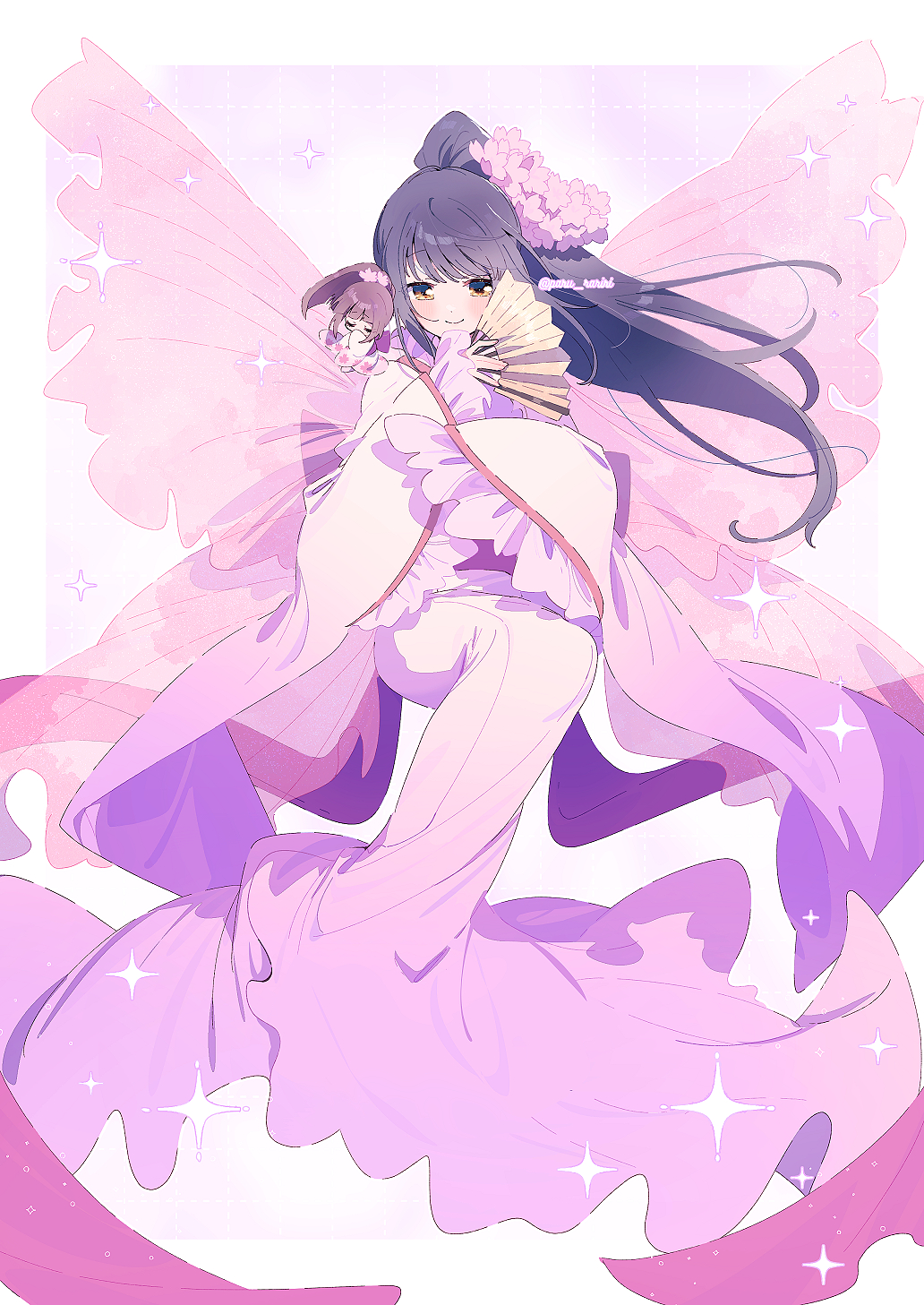 1boy, 1girl, androgynous, back_bow, black_hair, blunt_bangs, border, bow