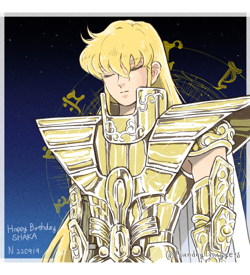 1boy, 2022, androgynous, armor, bishounen, blonde_hair, cape, character_name