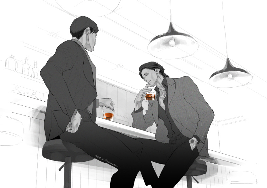 2boys, akiyama_shun, alcohol, arai_hiroaki_(rgg), bar_(place), bar_stool, black_hair, commentary_request