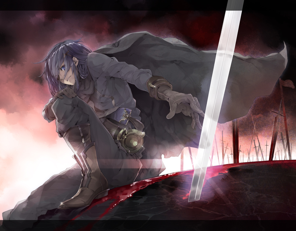 black_hair, blue_eyes, boots, boris_(children_of_the_rune), cape, children_of_the_rune, cover, cover_page, globes, gloves, hair_over_one_eye, hands, letterboxed, male, red_sky, sitting, sky, solo, sword, weapon, yuugen