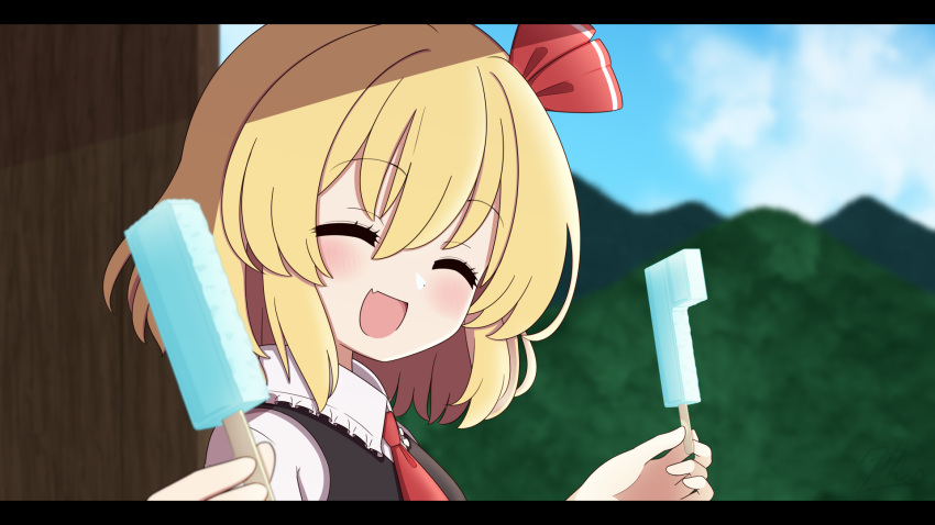 1girl, ascot, blonde_hair, blurry, blurry_background, bow, closed_eyes, collared_shirt, commentary_request, day, double_popsicle, facing_viewer, fang, frilled_shirt_collar, frills, hair_bow, highres, letterboxed, open_mouth, outdoors, rumia, shirt, short_hair, skin_fang, sky, smile, solo, takapi_3, touhou, unequal_popsicle_division