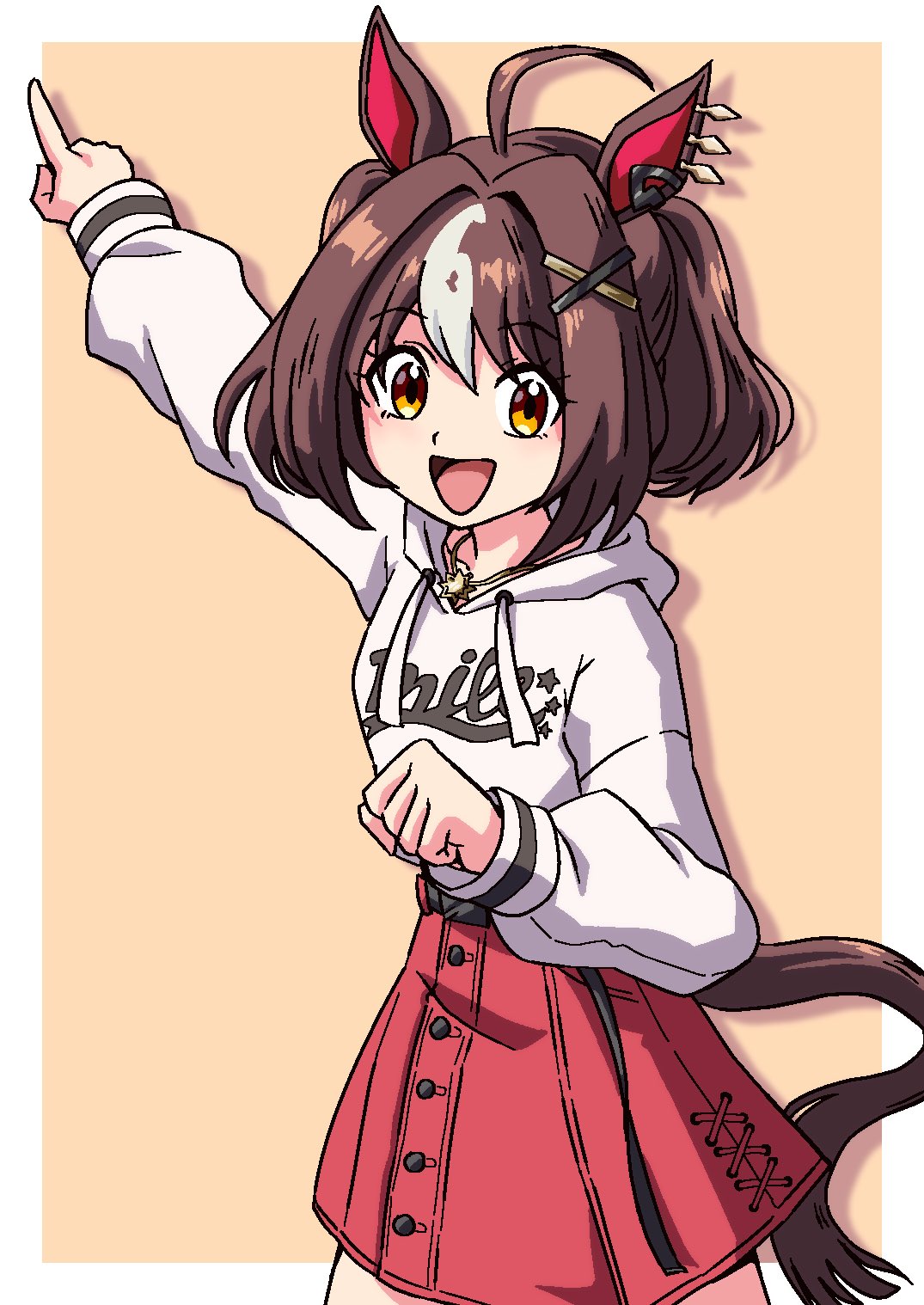 1girl, :d, a3rudbzeno, ahoge, animal_ears, belt, border, brown_eyes, brown_hair, casual, clothes_writing, commentary_request, gran_alegria_(casual)_(umamusume), gran_alegria_(umamusume), hair_between_eyes, hair_ornament, highres, hood, hooded_sweater, horse_ears, horse_girl, jewelry, long_belt, looking_at_viewer, multicolored_hair, necklace, orange_background, pointing, red_skirt, simple_background, skirt, smile, solo, streaked_hair, sweater, umamusume, white_border, white_streaks, white_sweater, x_hair_ornament