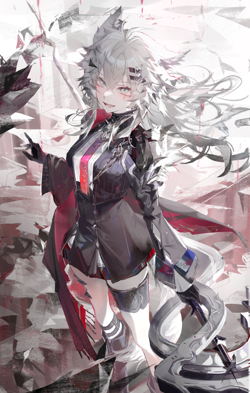 1girl, absurdres, animal_ears, arknights, black_cape, black_gloves, black_jacket, black_skirt, blue_eyes, bolo_tie, cape, crossed_bangs, fangs, gloves, hair_between_eyes, hair_ornament, hairclip, highres, holding, holding_weapon, jacket, lappland_(arknights), lappland_the_decadenza_(arknights), long_hair, long_sleeves, looking_at_viewer, material_growth, open_mouth, oripathy_lesion_(arknights), red_cape, scar, scar_across_eye, scar_on_face, skirt, smile, solo, standing, tokkieee_qian, two-sided_cape, two-sided_fabric, weapon, white_hair, wolf_ears, wolf_girl