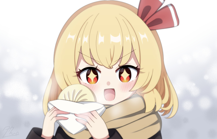 +_+, 1girl, blonde_hair, blurry, blurry_background, bow, breath, commentary_request