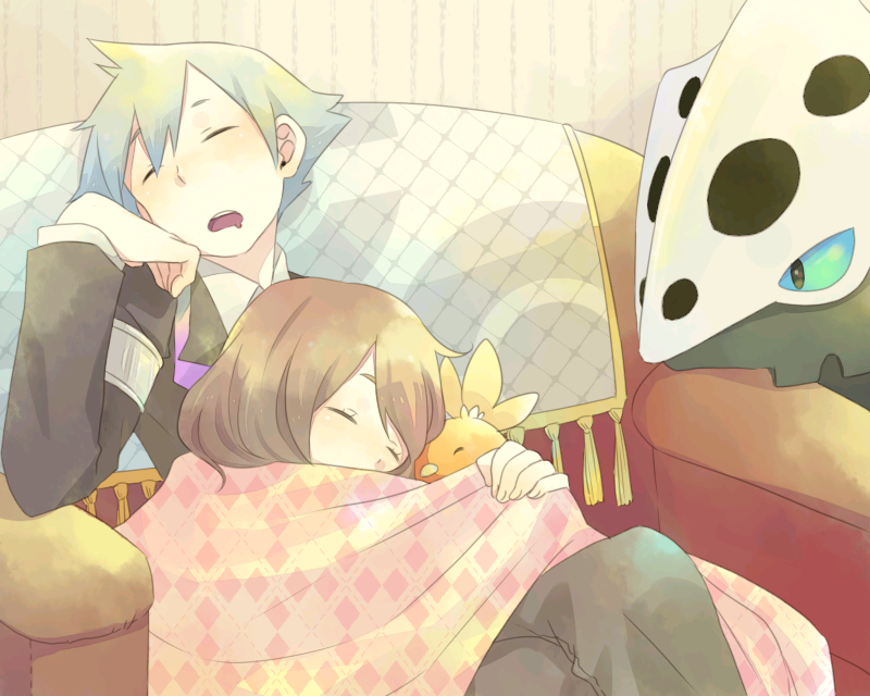 1boy, 1girl, blue_hair, brown_hair, chair, closed_eyes, eyes_closed, female