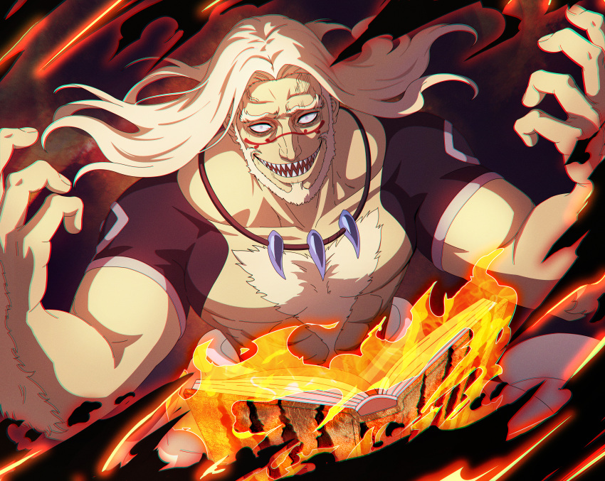 1boy, abs, absurdres, arm_hair, beard, black_clover, black_clover_m:_rise_of_the_wizard_king, blonde_hair, book, chest_hair, chromatic_aberration, facial_hair, grimoire, highres, jewelry, long_hair, looking_at_viewer, male_focus, muscular, muscular_male, necklace, non-web_source, official_art, open_book, open_mouth, sharp_teeth, solo, teeth, upper_body, vetto_(black_clover)