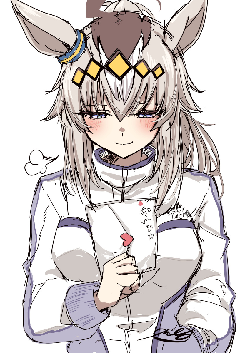 1girl, absurdres, ahoge, amaxa, animal_ears, blue_eyes, blush, closed_mouth, commentary_request, grey_hair, hairband, highres, holding, holding_letter, horse_ears, horse_girl, jacket, letter, long_hair, oguri_cap_(umamusume), simple_background, smile, solo, track_jacket, umamusume, white_background, white_jacket, yellow_hairband