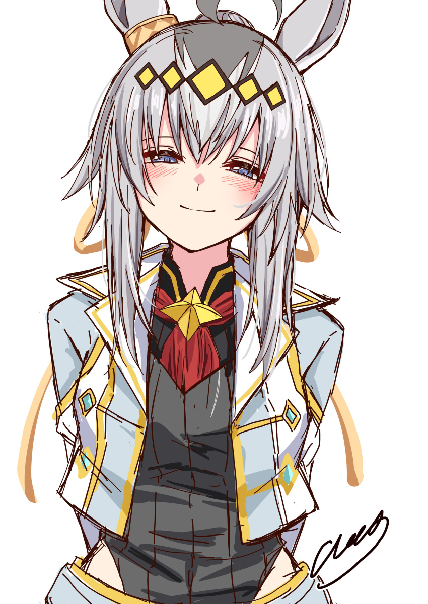 1girl, absurdres, amaxa, animal_ears, arms_behind_back, black_sweater, closed_mouth, commentary_request, grey_jacket, highres, horse_ears, horse_girl, jacket, long_hair, long_sleeves, looking_at_viewer, oguri_cap_(cinderella_gray)_(umamusume), oguri_cap_(umamusume), signature, simple_background, smile, solo, sweater, umamusume, umamusume:_cinderella_gray, white_background