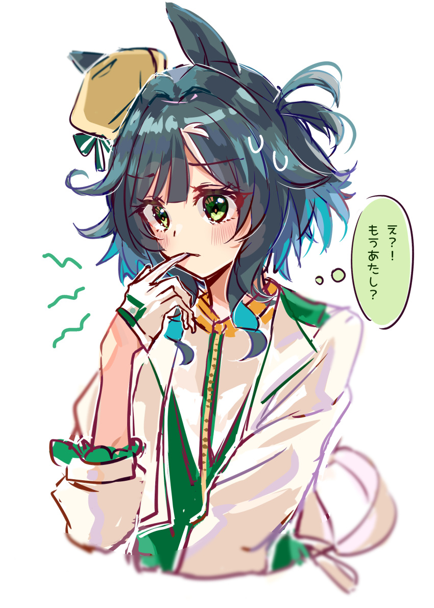 1girl, absurdres, animal_ears, beret, biting_finger, blush, commentary_request, cropped_torso