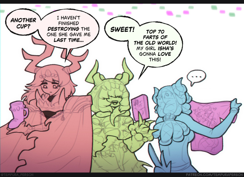 3girls, book, chaos_(warhammer), cup, demon_girl, demon_horns, english_text, genderswap
