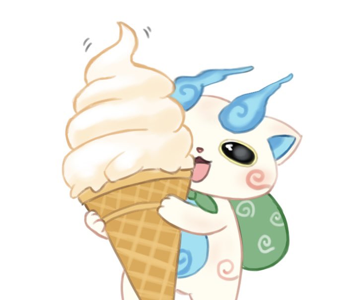 bopon_o0o, commentary_request, holding, holding_ice_cream_cone, ice_cream_cone, komasan, no_humans, open_mouth, simple_background, solo, white_background, white_fur, youkai_(youkai_watch), youkai_watch