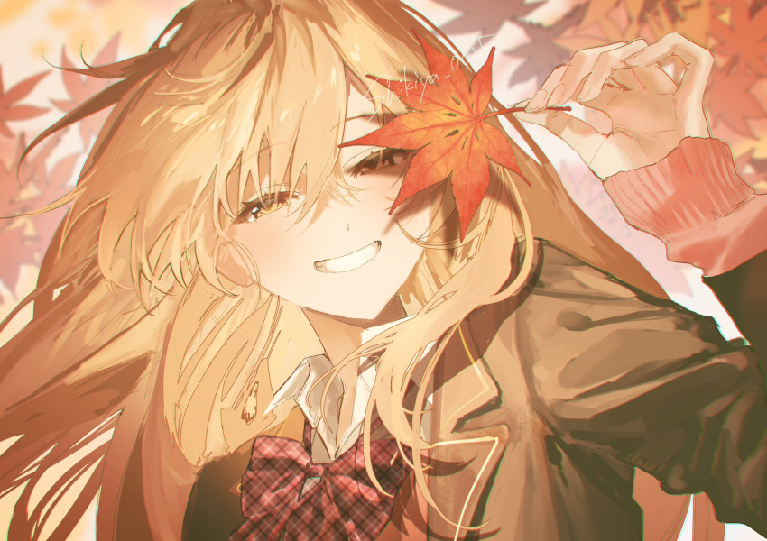 1girl, artist_name, autumn, autumn_leaves, blazer, blonde_hair, grin, half-closed_eyes