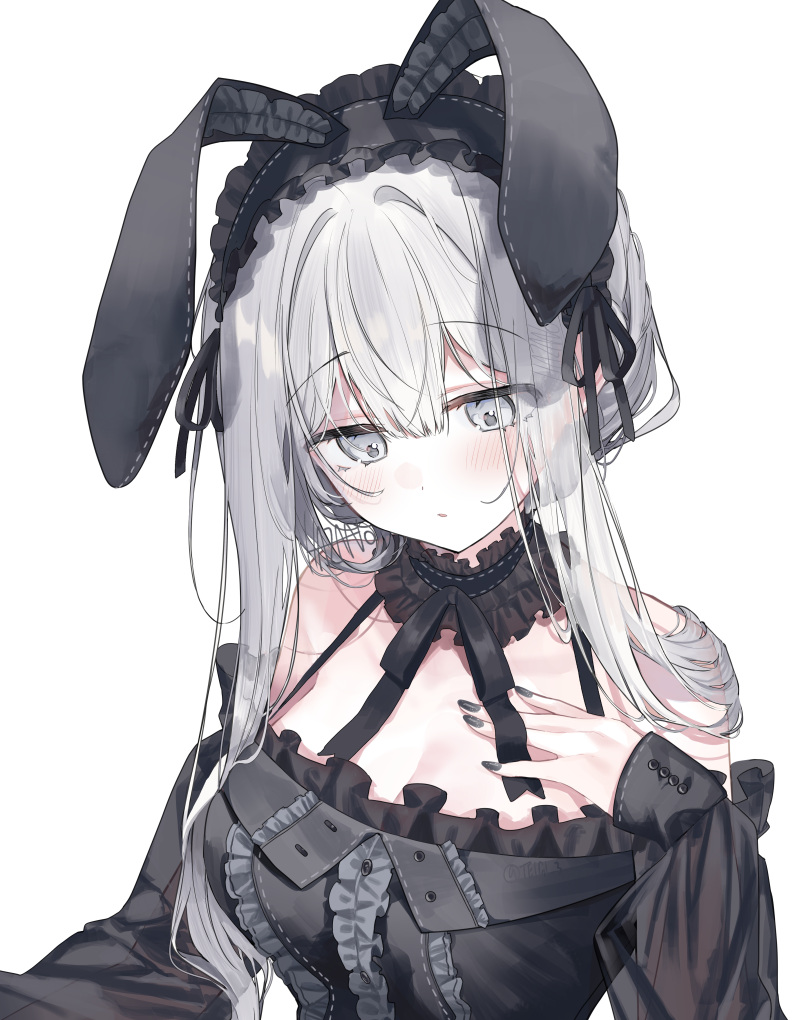1girl, animal_ear_hairband, animal_ears, bare_shoulders, black_bow, black_dress, black_garter_straps, black_nails, black_ribbon, bow, breasts, dress, fake_animal_ears, frilled_dress, frilled_hairband, frills, fuyukawa_kagari, garter_straps, grey_eyes, grey_hair, hairband, hakanai_kimi_wa_moukou_wo_hajimeru, hand_on_own_chest, holding, kazutake_hazano, large_breasts, lolita_fashion, long_sleeves, looking_at_another, looking_down, portrait, rabbit_ear_hairband, rabbit_ears, ribbon, sidelocks, simple_background, sitting, solo, upper_body, white_background