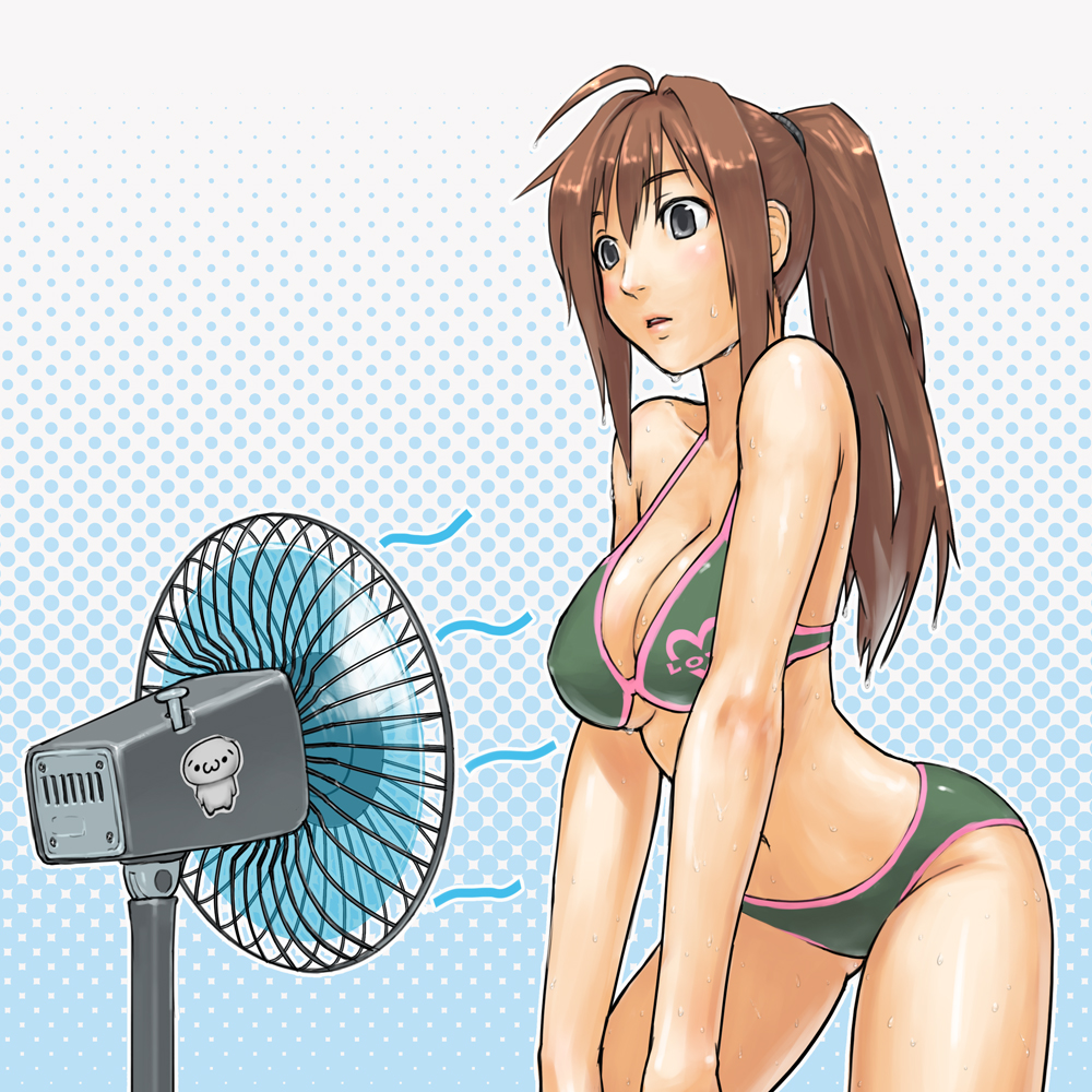 arched_back, bent_over, bikini, black_eyes, blush, breasts, brown_hair, cleavage