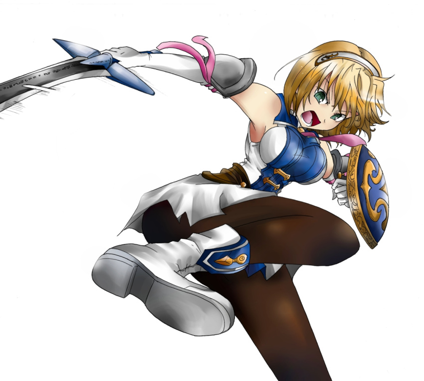 armor, armored_dress, ascot, bare_shoulders, blonde_hair, blush, boots, breasts