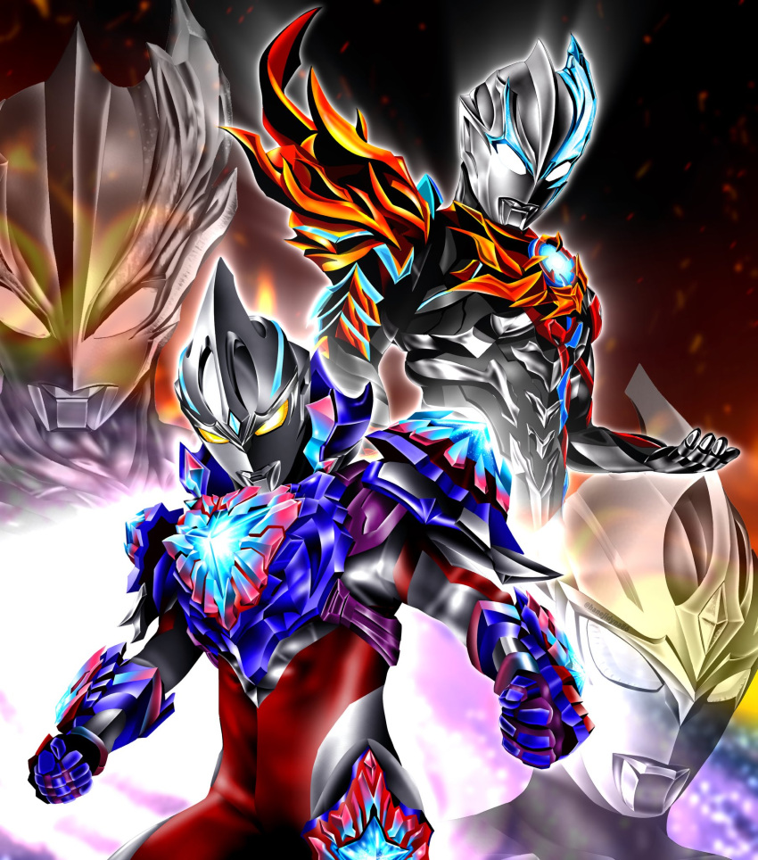 2boys, abs, alien, armor, asymmetrical_armor, asymmetrical_horns, blue_armor, blue_gem