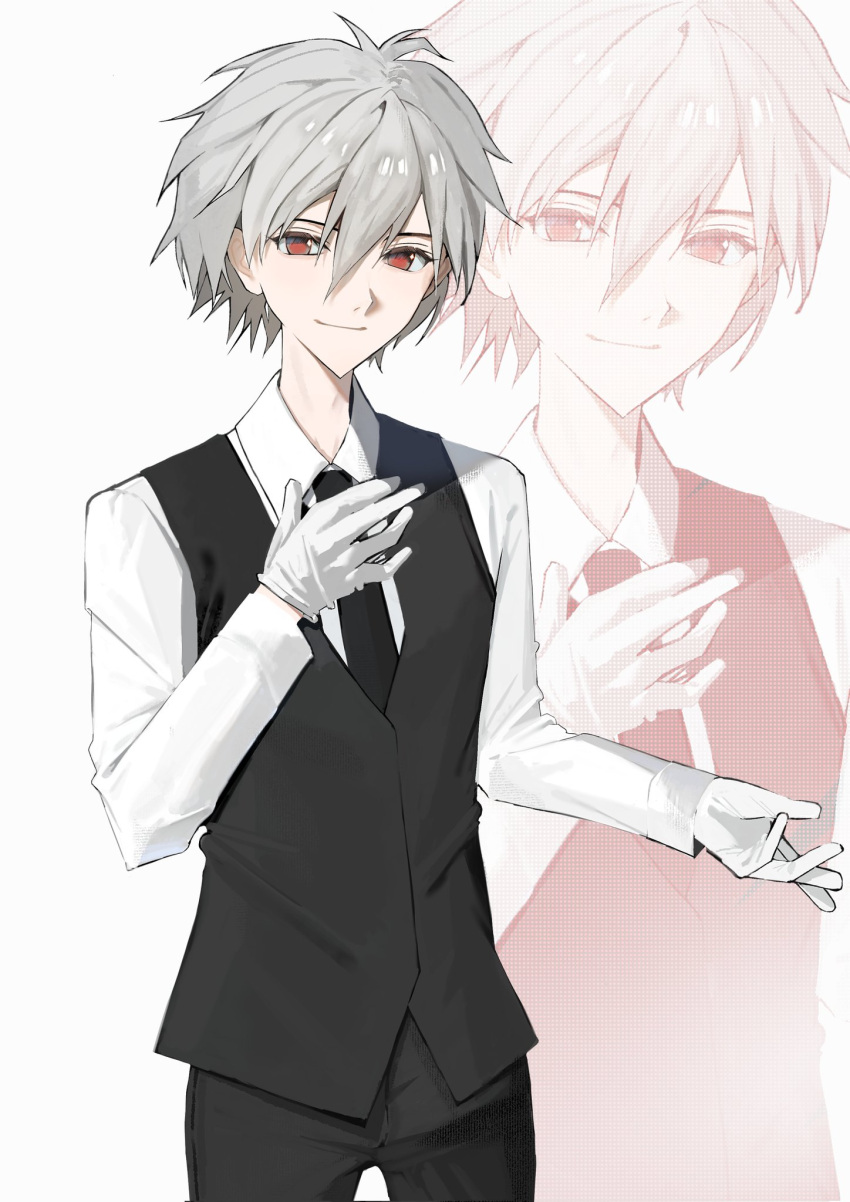 1boy, alternate_costume, black_necktie, black_pants, collared_shirt, commentary_request, gloves, grey_hair