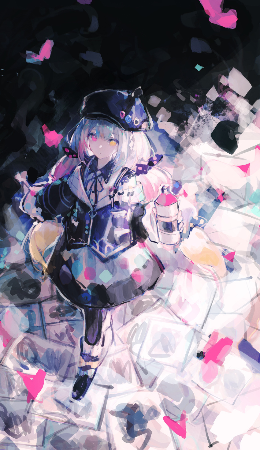 1girl, absurdres, artist_painter, beret, black_jacket, black_shoes, black_skirt, bow