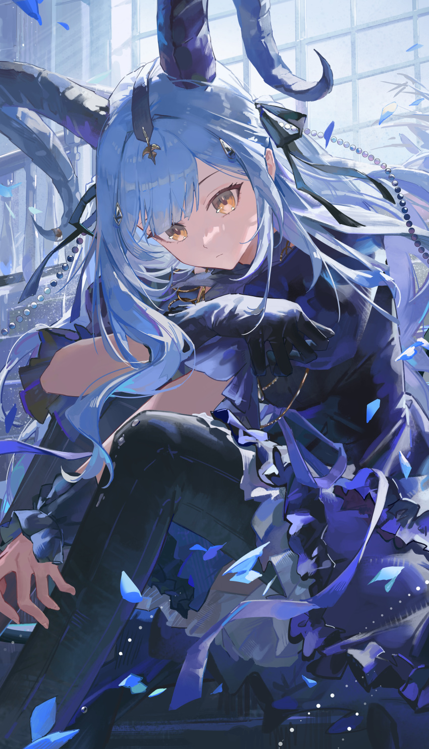1girl, absurdres, arknights, bang_dream!, bang_dream!_it's_mygo!!!!!, black_dress, black_gloves, black_horns