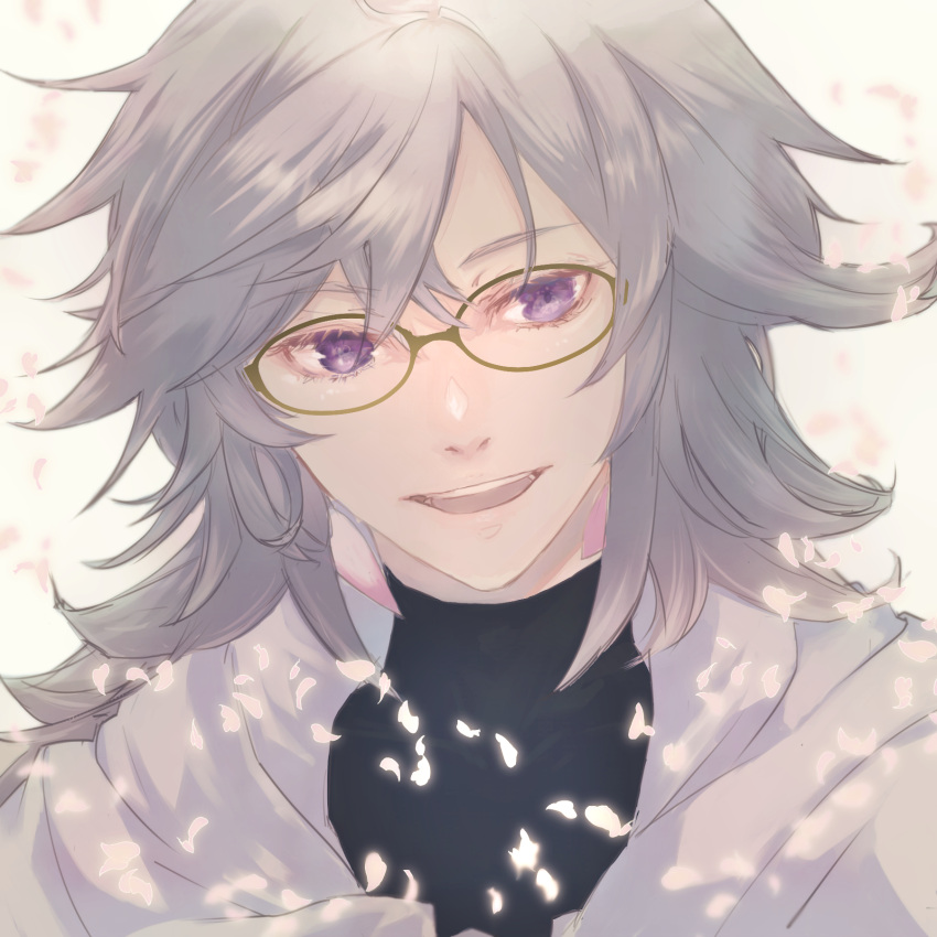 1boy, bishounen, commentary_request, falling_petals, fate/grand_order, fate_(series), glasses, grey_hair