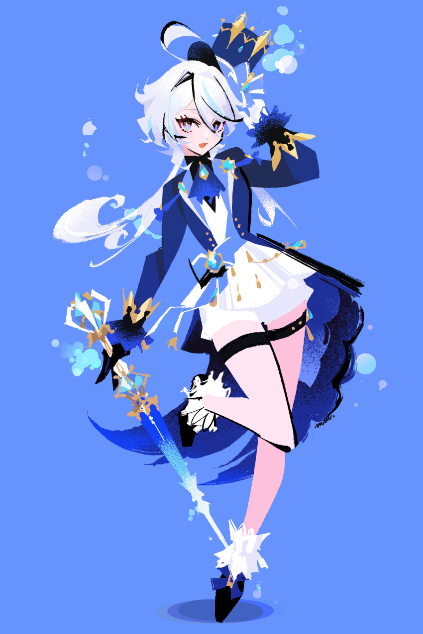 1girl, absurdres, asymmetrical_gloves, bare_legs, black_gloves, blue_background, blue_bow, blue_eyes