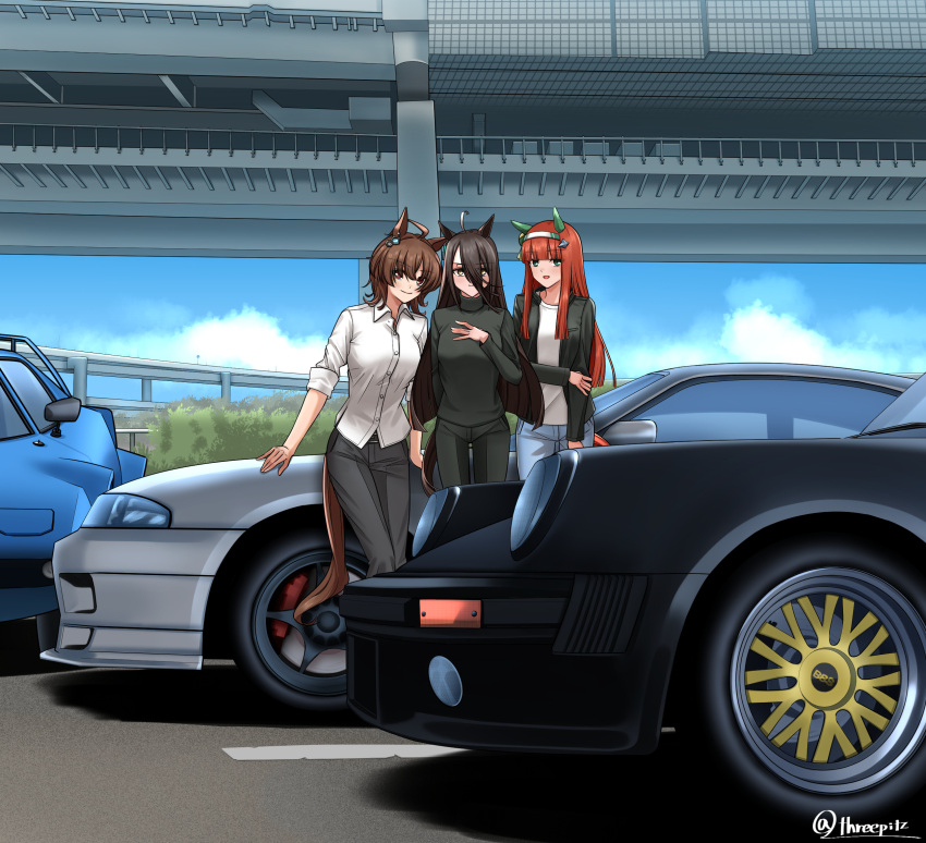 3girls, agnes_tachyon_(umamusume), ahoge, alternate_breast_size_(larger), alternate_costume, animal_ears, bbs_(wheel), black_hair